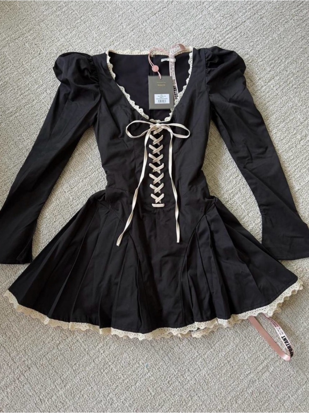 House of CB Larisa Black Vintage Lace-Up Skater Dress with Cream Trim